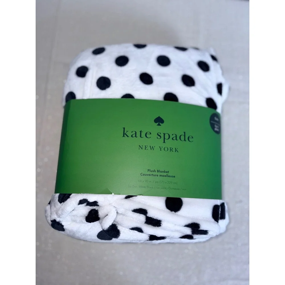 Kate Spade Plush Blanket Twin White Black NEW Lia Dot Polka Dot Soft 68 x 90”